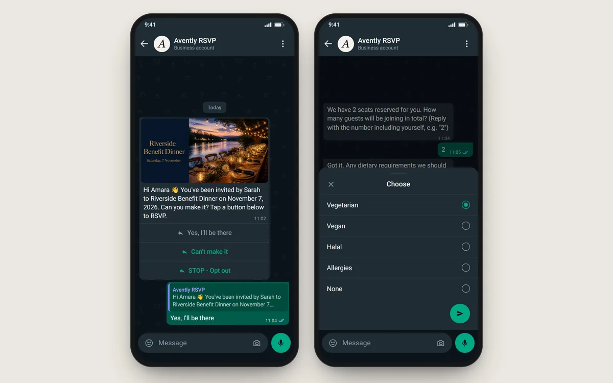 Two phone screens: an invitation with three quick-reply buttons and the guest’s tap on Yes, then a dietary question whose Choose button opens a list of five options with Vegetarian selected.