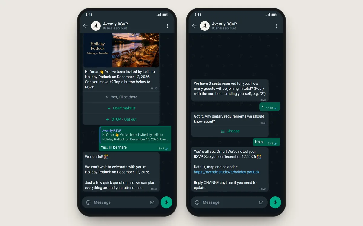 Two phone screens of a chat with Avently RSVP, a business account: Omar’s invitation to Holiday Potluck with Yes, Can’t make it and opt-out buttons, his tap on Yes, the welcome message, then the party-size and dietary questions answered with 3 and Halal, and the confirmation with the event page link.