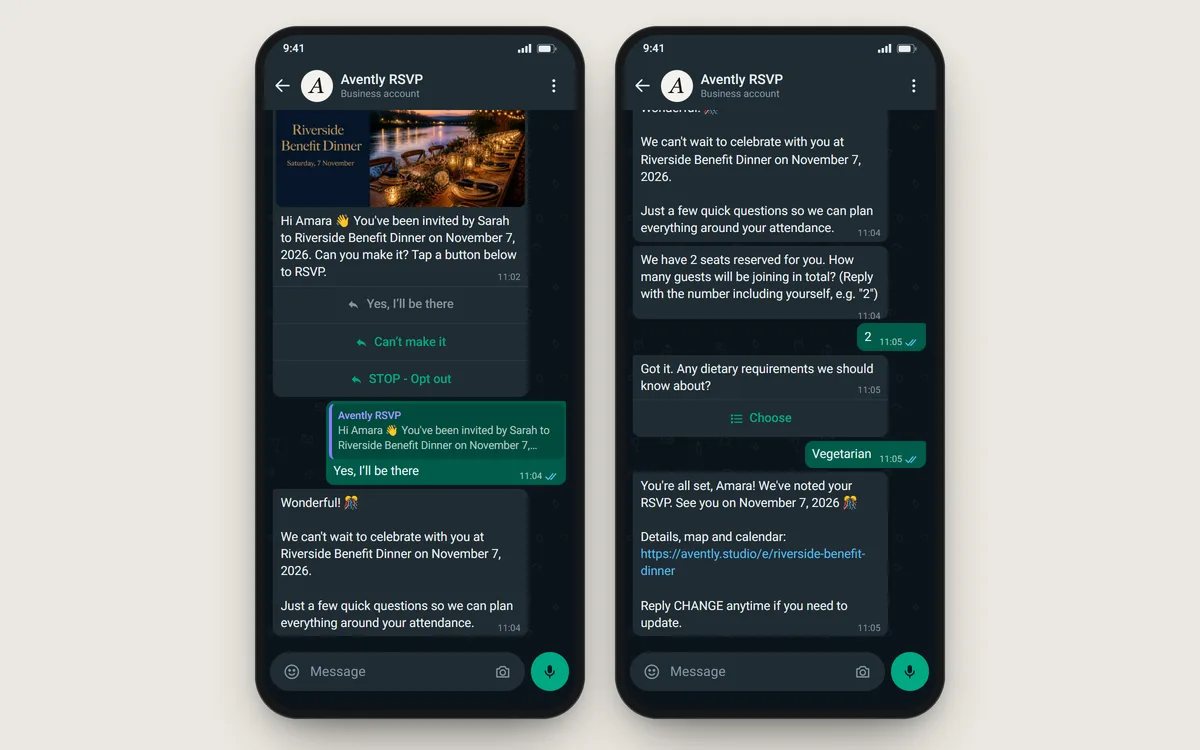 Two phone screens of one WhatsApp chat with Avently RSVP: the invitation card for Riverside Benefit Dinner with Yes, Can’t make it and opt-out buttons, the guest tapping Yes, the welcome message, then the party-size and dietary questions and the confirmation with the event page link.