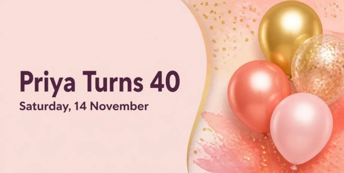 Invitation card for Priya Turns 40 on Saturday, 14 November, with pink and gold balloons.