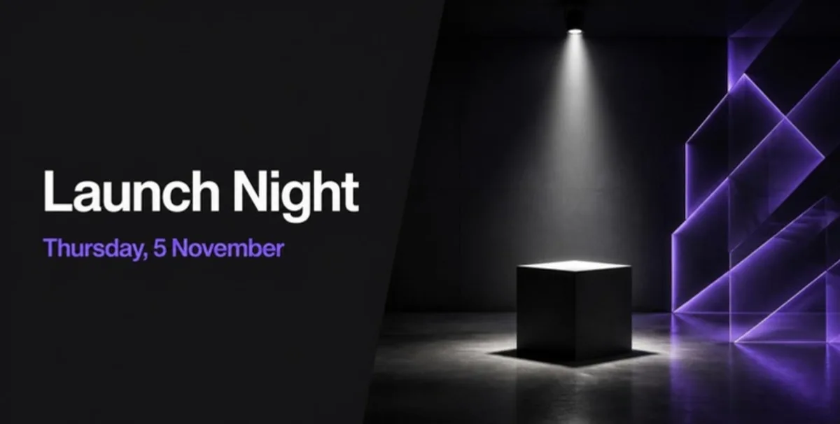 Invitation card for Launch Night on Thursday, 5 November: a spotlit plinth with violet light.