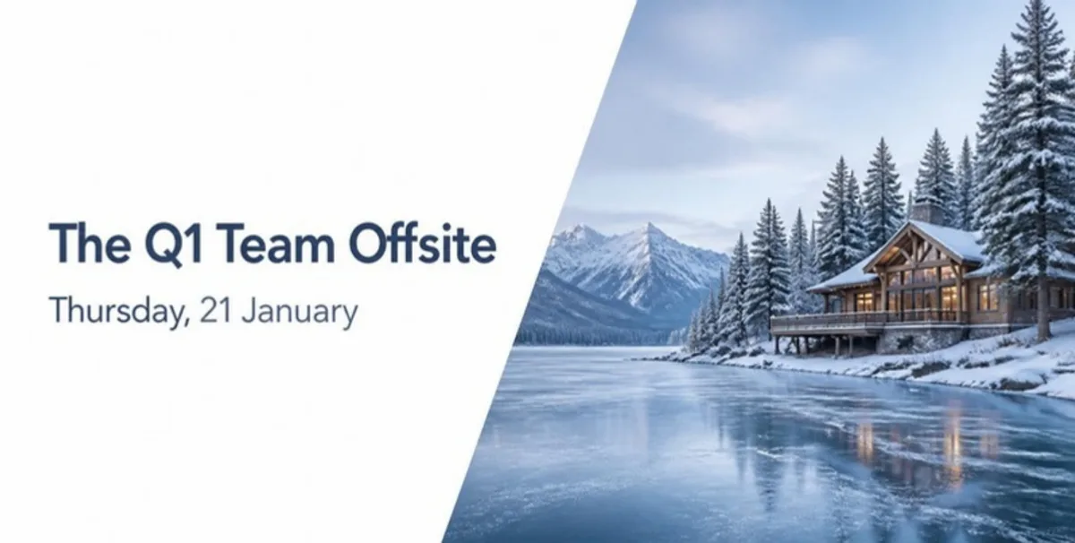 Invitation card for The Q1 Team Offsite on Thursday, 21 January: a lodge on a frozen lake.